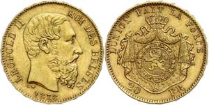 Belgium 20 Franc, Gold, 1878, ... 
