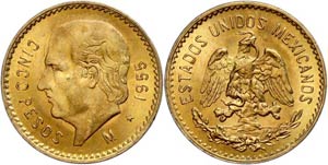 Coins Mexiko 5 Peso, 1955, Gold, ... 
