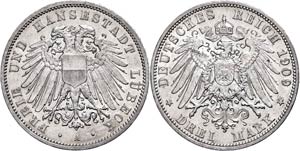 Lübeck 3 Mark, 1909, kl. Rf., ... 