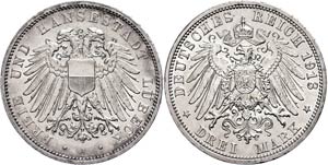 Lübeck 3 Mark, 1913, wz. Rf., ... 