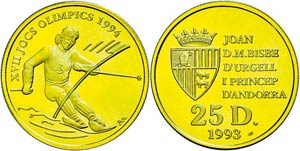 Andorra 25 Dinars, Gold, 1993, ... 
