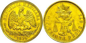 Mexiko 20 Pesos, Gold, 1870, Mo-C, ... 