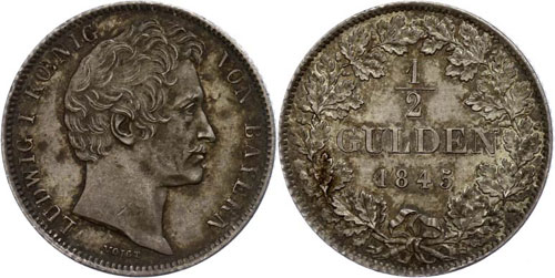 Bayern 1/2 Gulden, 1845, Ludwig ... 