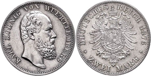 Württemberg 2 Mark, 1876, Karl, ... 