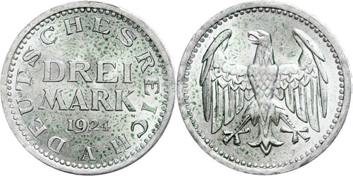 Coins Weimar Republic 3 Mark, 1924 ... 