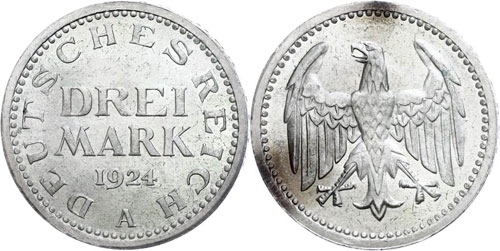 Münzen Weimar 3 Mark, 1924 A, ... 
