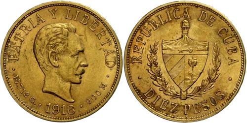 Cuba 10 Peso, Gold, 1916, José ... 
