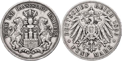 Hamburg 5 Mark, 1896, Stadtwappen, ... 