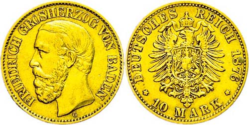 Baden 10 Mark, 1876, Friedrich I., ... 