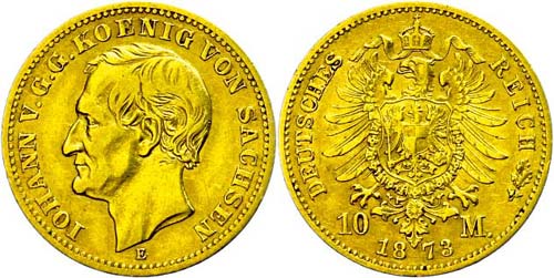Sachsen 10 Mark, 1873, Johann, kl. ... 