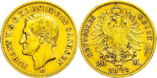 Saxony 20 Mark, 1873, Johann, edge ... 