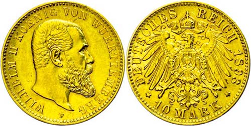Württemberg 10 Mark, 1893, ... 