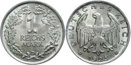 Münzen Weimar 1 Reichsmark, 1925 ... 