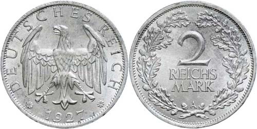 Münzen Weimar 2 Reichsmark, 1927 ... 