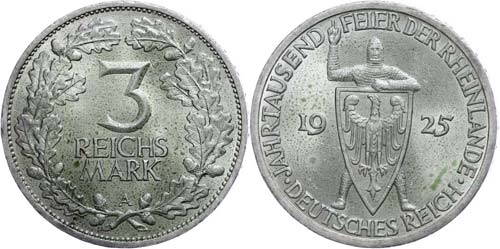 Münzen Weimar 3 Reichsmark, 1925 ... 