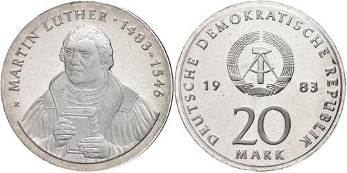 Münzen DDR 20 Mark, 1983, Luther, ... 