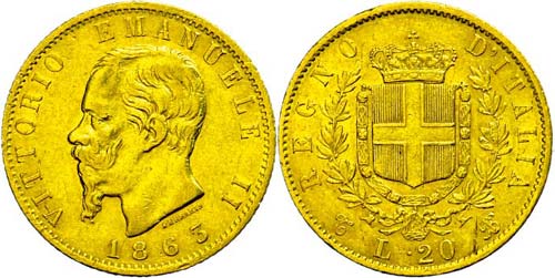 Italy 20 liras, Gold, 1863, ... 