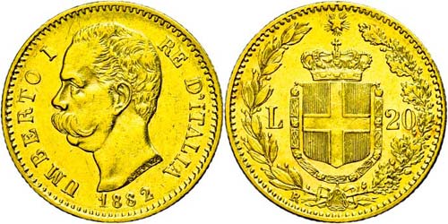 Italy 20 liras, 1882, Gold, ... 