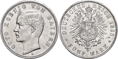 Bavaria 5 Mark, 1888, Otto, edge ... 