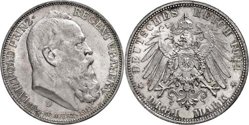Bavaria 3 Mark, 1911, Luitpold, f. ... 