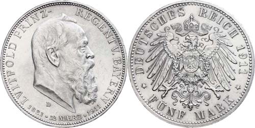 Bavaria 5 Mark, 1911, Prince ... 