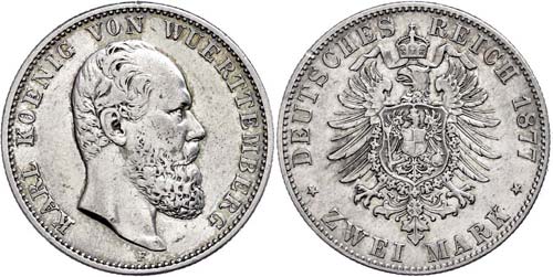 Württemberg 2 Mark, 1877, Karl, ... 