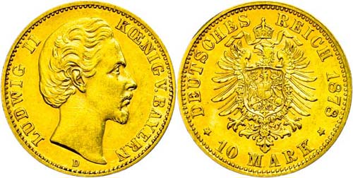 Bavaria 10 Mark, 1878, Ludwig II., ... 