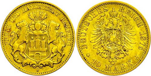 Hamburg 10 Mark, 1875, very fine., ... 