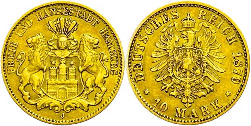 Hamburg 10 Mark, 1879, small edge ... 