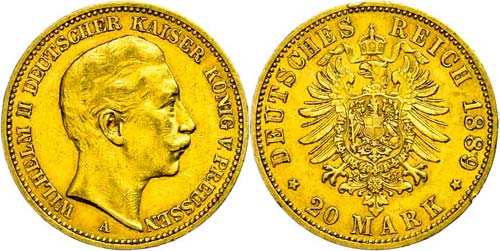 Prussia 20 Mark, 1889, Wilhelm ... 