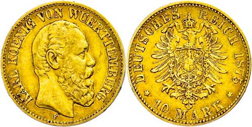 Württemberg 10 Mark, 1875, Karl, ... 