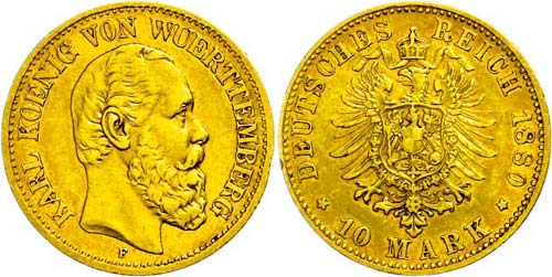 Württemberg 10 Mark, 1880, Karl, ... 