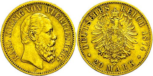 Württemberg 20 Mark, 1874, Karl, ... 