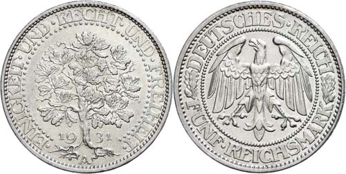 Coins Weimar Republic 5 Mark, ... 