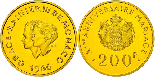 Monaco 200 Franc, Gold, 1966, 10. ... 