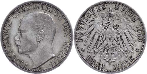 Hessen 3 Mark, 1910, A, Ernst ... 