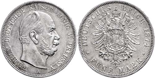Prussia 5 Mark, 1874, A, Wilhelm ... 
