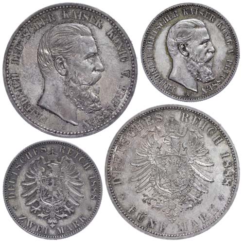 Prussia 2 and 5 Mark, 1888, ... 