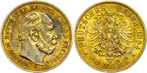 Prussia 20 Mark, 1884, A, Wilhelm ... 