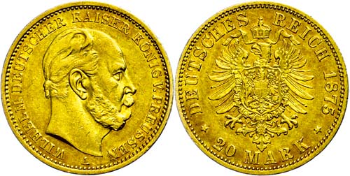 Prussia 20 Mark, 1875, A, Wilhelm ... 