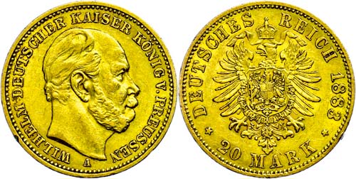 Prussia 20 Mark, 1884, A, Wilhelm ... 