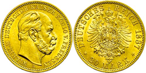 Prussia 20 Mark, 1887, A, Wilhelm ... 