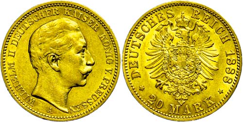 Prussia 20 Mark, 1888, Wilhelm ... 