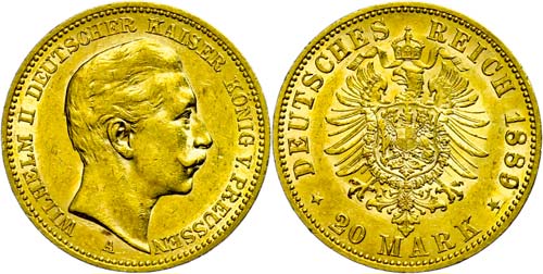 Prussia 20 Mark, 1889, A, Wilhelm ... 