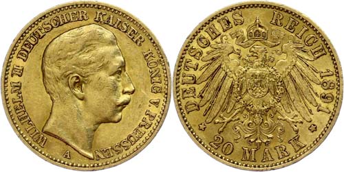 Preußen 20 Mark, 1891, Wilhelm ... 