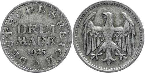 Münzen Weimar 3 Mark, 1925, D, J. ... 
