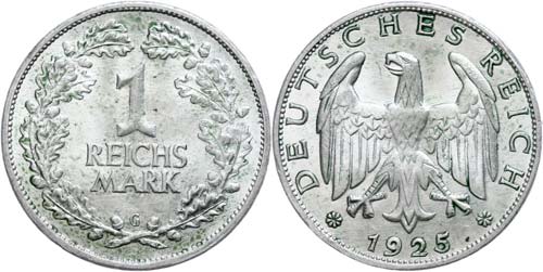 Münzen Weimar 1 Reichsmark, 1925 ... 