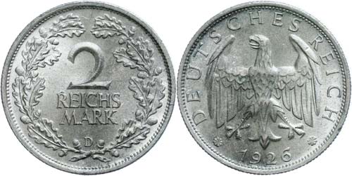 Münzen Weimar 2 Reichsmark, 1926 ... 
