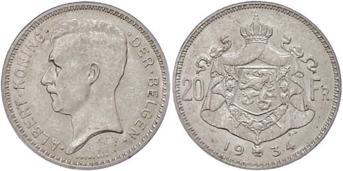 Belgium 20 Franc, 1934, Albert I., ... 