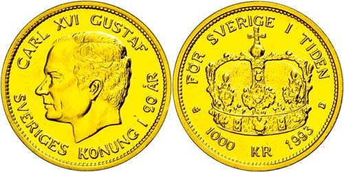 Sweden 1000 coronas, Gold, 1993, ... 